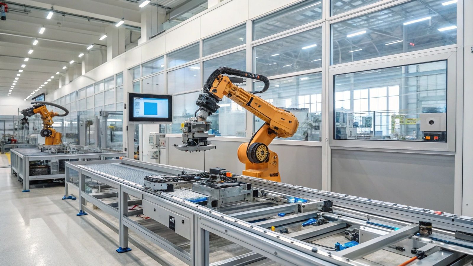 Industrial robotic arm in factory automation, showcasing advanced manufacturing technology