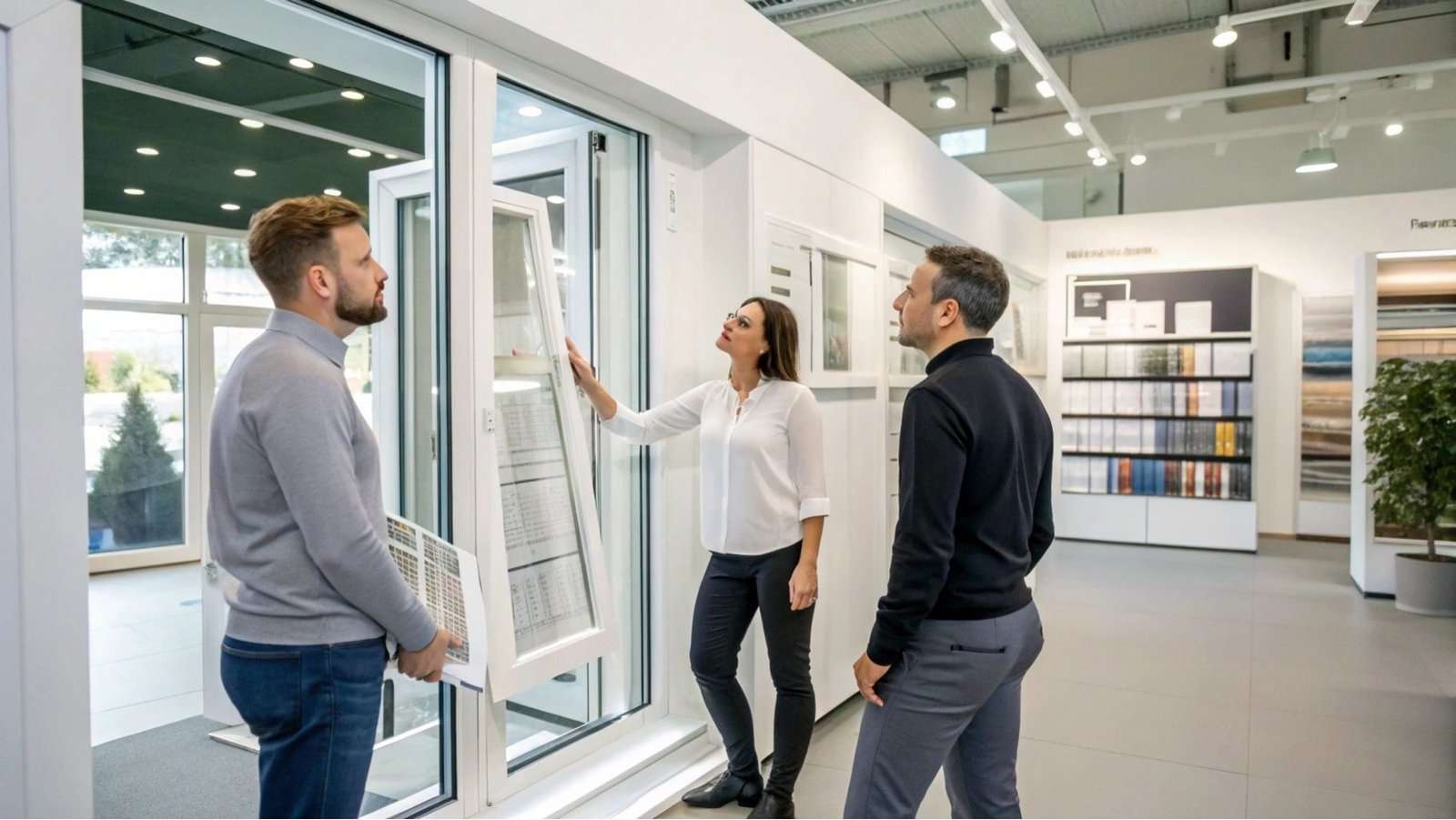 Customers discussing window designs with a consultant in a modern showroom